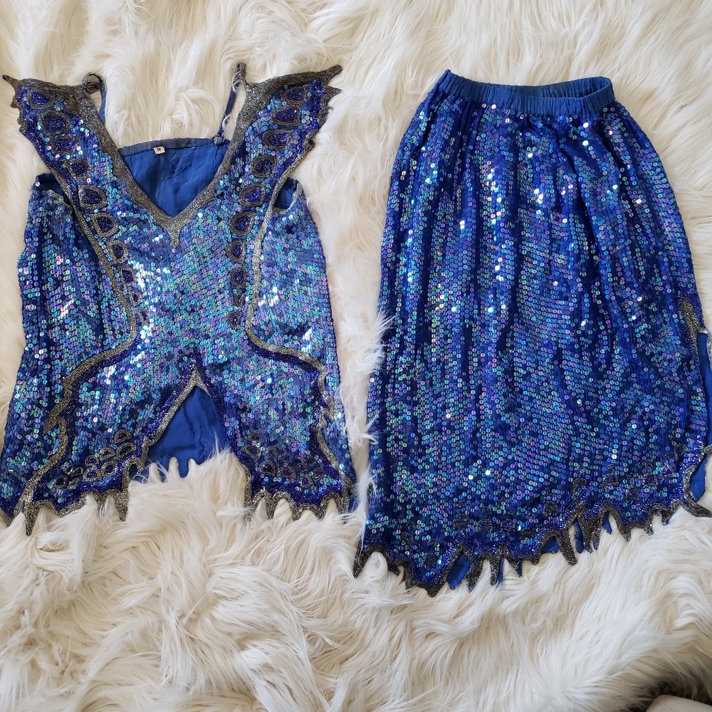 Sequin Iridescent Blue Top and Skirt set